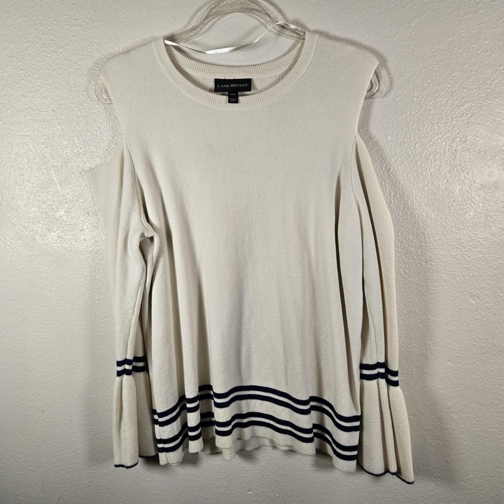Lane Bryant Sweater Womens‎ 14/16 White Cold Shoulder Stripe Knit Plus Pullover